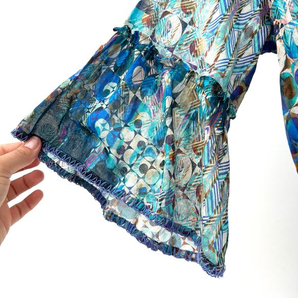 Johnny Was Workshop Klodi Ruffle Sleeve Blue Pattern Top Lightweight Blouse XS - Picture 7 of 10